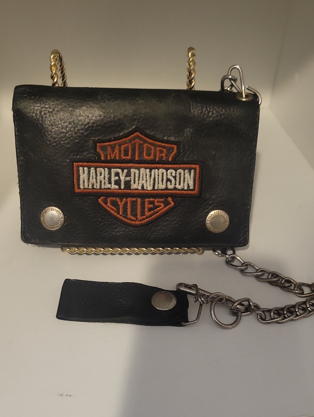 Harley-Davidson Black Leather Chain Wallet with Orange Logo Patch